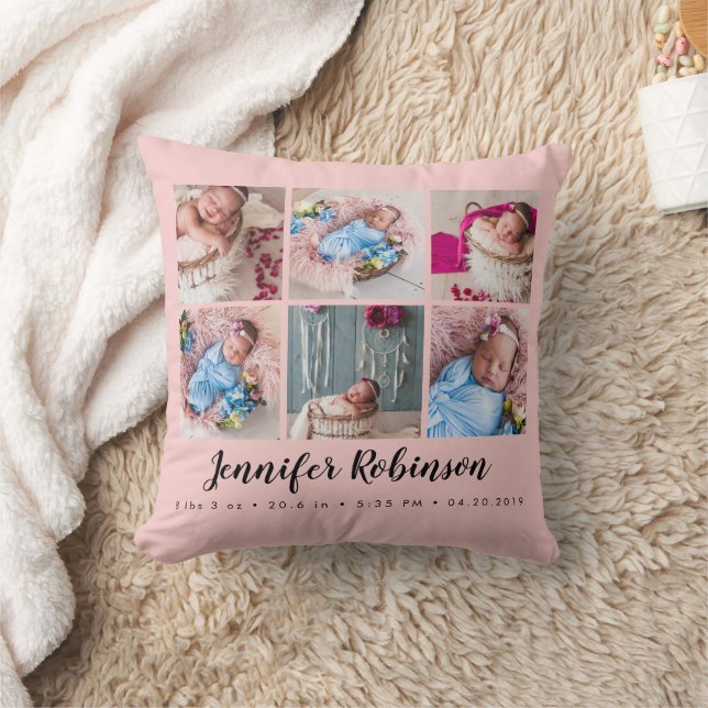 Photo Collage Blush Rose Monogrammed Birth Stat Cushion (Blanket)