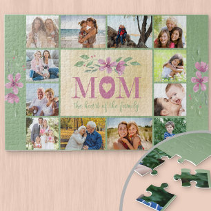 Photo Collage Border Mum Quote Green Floral Jigsaw Puzzle