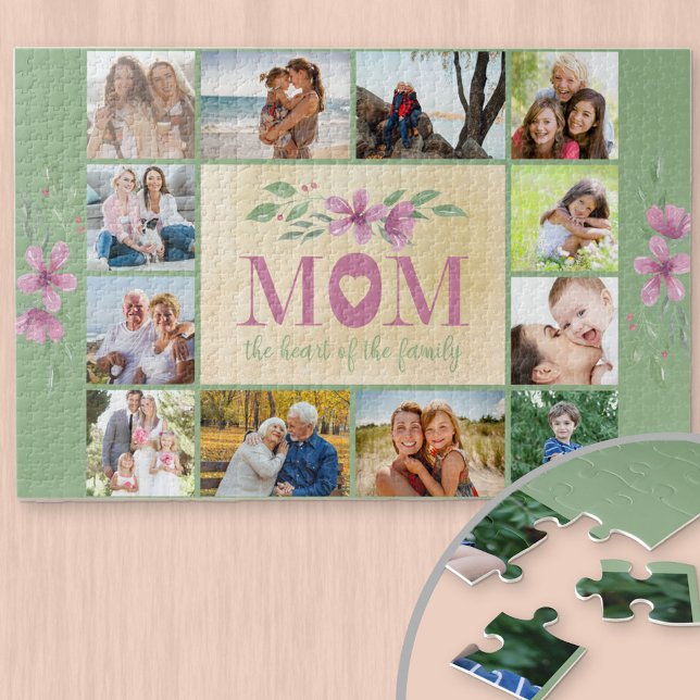 Photo Collage Border Mum Quote Green Floral Jigsaw Puzzle (Creator Uploaded)