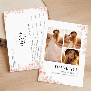 Photo Collage Bow Floral Graduation Thank You Postcard
