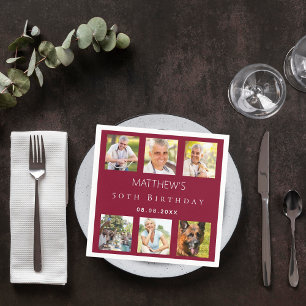 Photo collage burgundy birthday party napkin