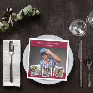 Photo collage burgundy birthday party napkin