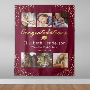 Photo Collage Burgundy Gold Graduation Backdrop Tapestry