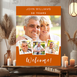 Photo collage burnt orange birthday party welcome poster