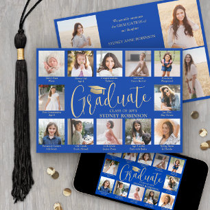 Photo Collage & Captions Blue & Gold Graduation Announcement