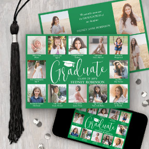 Photo Collage & Captions Green & White Graduation Announcement