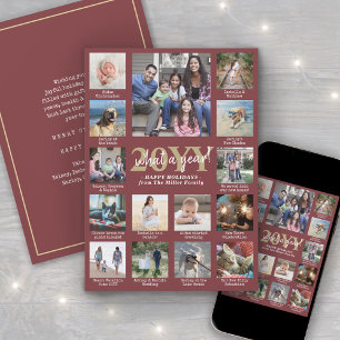 Photo Collage & Captions What a Year Burgundy Gold Holiday Card