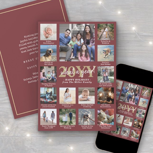 Photo Collage & Captions What a Year Burgundy Gold Holiday Card (Creator Uploaded)