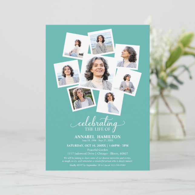 Photo Collage Celebration of Life Memorial Service Invitation (Standing Front)