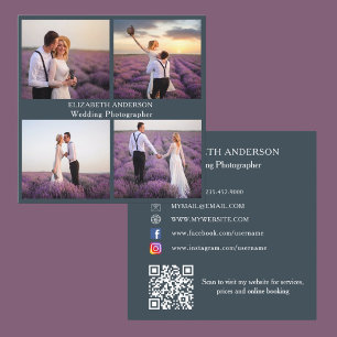 Photo collage charcoal grey QR code social media Square Business Card