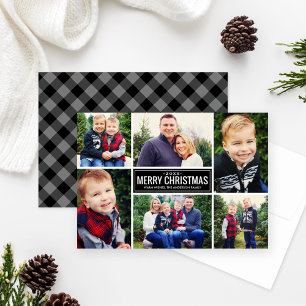 Photo Collage Christmas Grey and Black Plaid Holiday Card