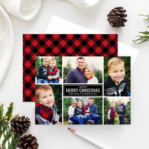 Photo Collage Christmas   Red Buffalo Plaid Holiday Card