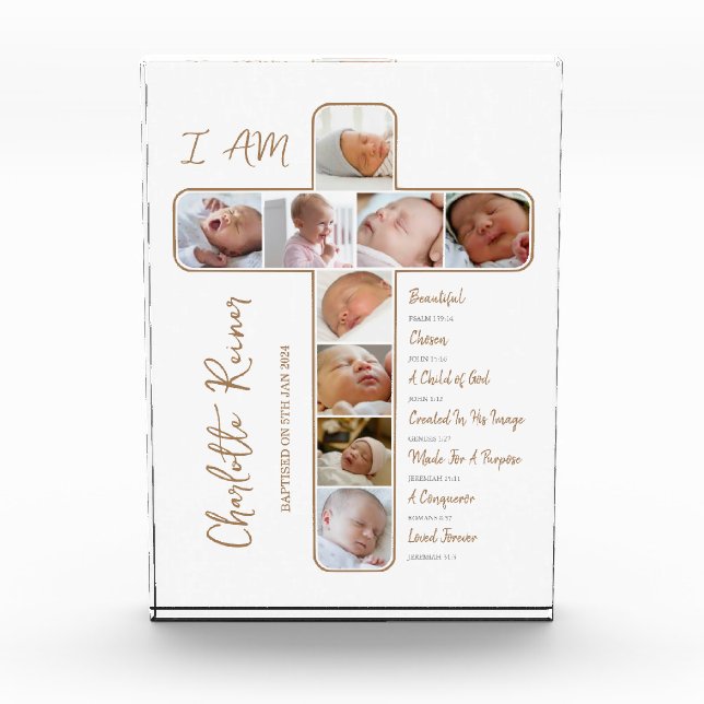 Photo Collage Cross Shaped Baptism Gift Block (Front)
