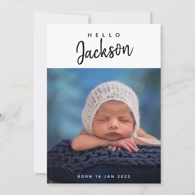 Photo Collage Custom Baby Boy Script Birth Announcement (Front)