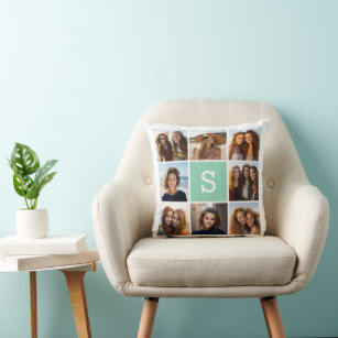 Photo Collage Custom Monogram Mint Green Cushion