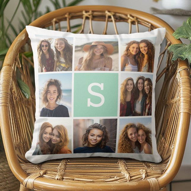 Photo Collage Custom Monogram Mint Green Cushion (Custom Photo Collage Pillow)