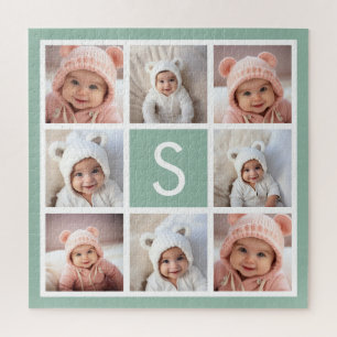Photo Collage Custom Monogram Mint Green Jigsaw Puzzle