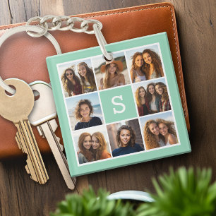 Photo Collage Custom Monogram Mint Green Key Ring