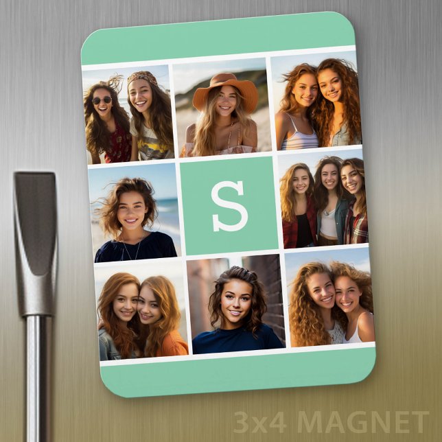 Photo Collage Custom Monogram Mint Green Magnet (Personalized refrigerator magnet with photo collage and custom text - add 8 photos to this design)