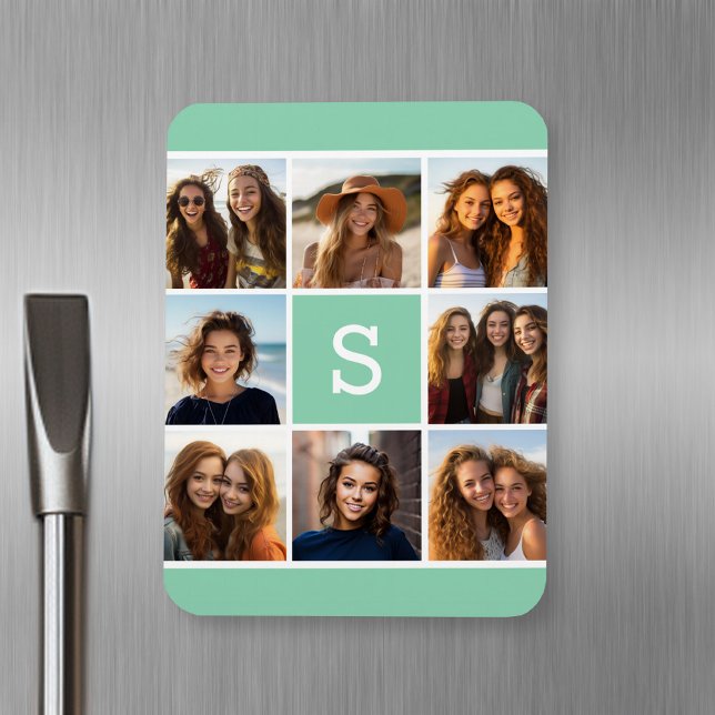 Photo Collage Custom Monogram Mint Green Magnet (Personalized fridge magnet with photos and text)