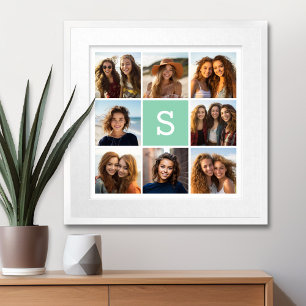 Photo Collage Custom Monogram Mint Green Poster
