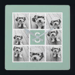 Photo Collage Custom Monogram Mint Green Square Wall Clock<br><div class="desc">You can use Instagram photos for this design. Use 8 square photos to create a unique and personal gift. Or you can keep the hipster puppy and make a trendy keepsake. If you need to adjust the pictures,  click on the customize tool to make changes.</div>
