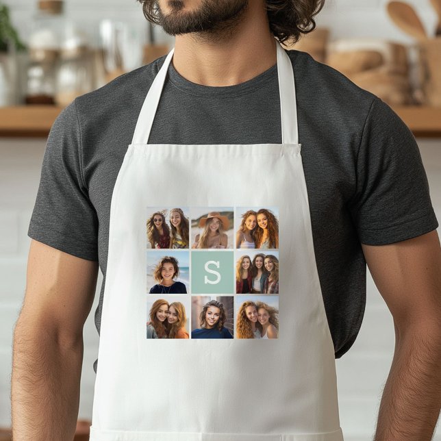 Photo Collage Custom Monogram Mint Green Standard Apron (Custom Apron with a Photo Collage)