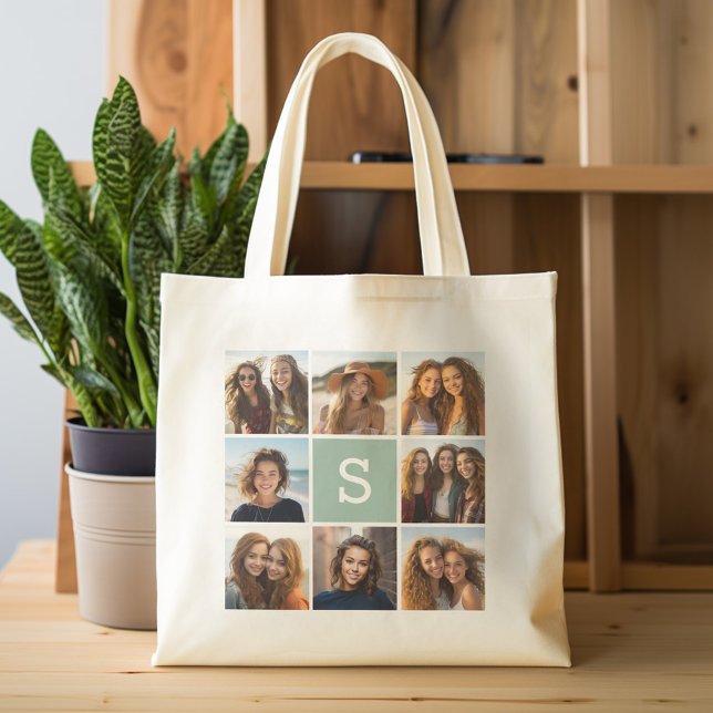 Photo Collage Custom Monogram Mint Green Tote Bag (Personalized tote bag with photos and monogram)