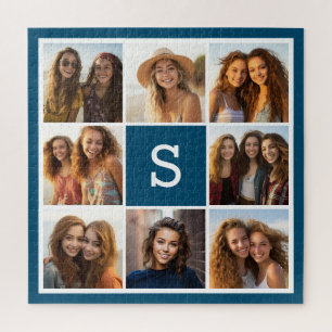 Photo Collage Custom Monogram Navy Blue Jigsaw Puzzle