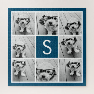 Photo Collage Custom Monogram Navy Blue Jigsaw Puzzle