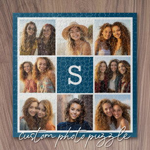 Photo Collage Custom Monogram Navy Blue Jigsaw Puzzle