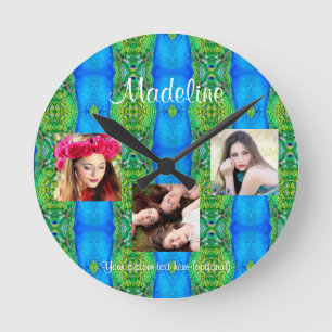 Photo Collage custom text template peacock theme Round Clock