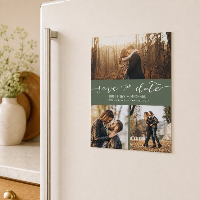 Photo Collage Dark Sage Simple Save the Date (Announce your wedding with this custom photo collage save the date design. )