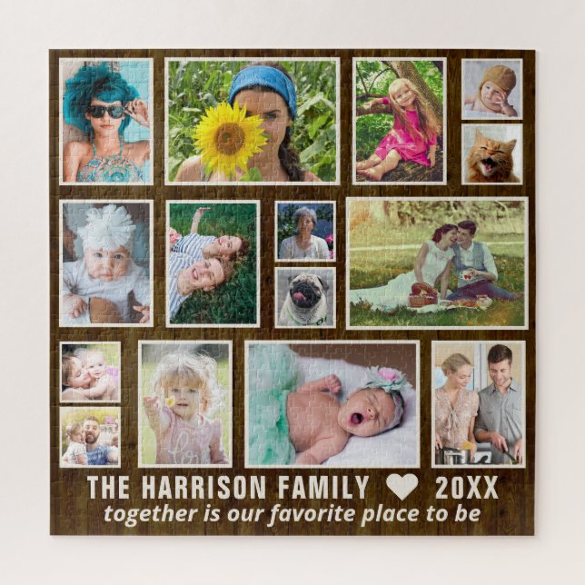 Photo Collage Dk Rustic Wood Custom Family Square Jigsaw Puzzle (Vertical)