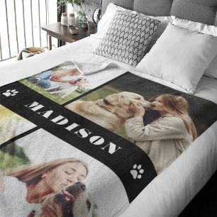 Photo Collage Dog Paws Black Fleece Blanket
