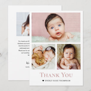 Photo Collage dusty Rose Pink Girl Baby shower  Thank You Card