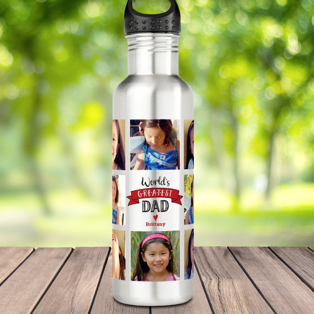 Photo Collage DYI World’s Greatest Dad Red Banner 710 Ml Water Bottle (Creator Uploaded)