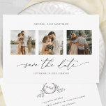Photo Collage Elegant Minimalist Monogram Wedding Save The Date<br><div class="desc">Share your wedding date with this elegant three photo save the date card. Easy to fill in template and order your prints! White and black design. Back with delicate hand drawn monogram with couples initials and area for any details you like. Ability to edit design and make changes by using...</div>