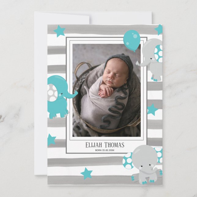 Photo Collage Elephant Grey Watercolor Stripe Baby Announcement (Front)