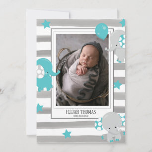 Photo Collage Elephant Grey Watercolor Stripe Baby Announcement