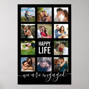 Photo Collage Engagement Party Black Poster