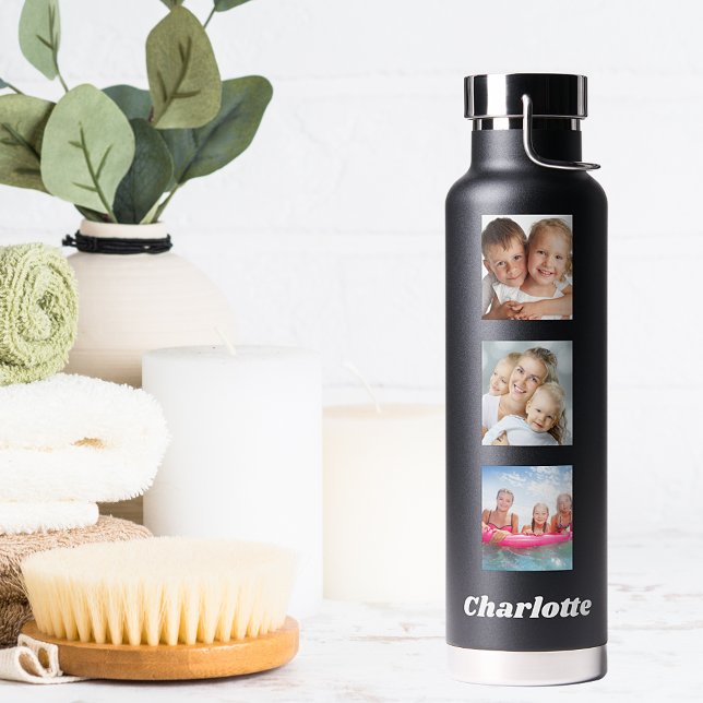 Photo collage family friends name black water bottle (Creator Uploaded)