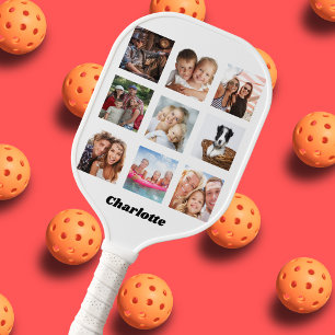 Photo collage family friends name white pickleball paddle