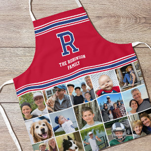 Photo Collage Family Monogram Navy Crimson Red Apron