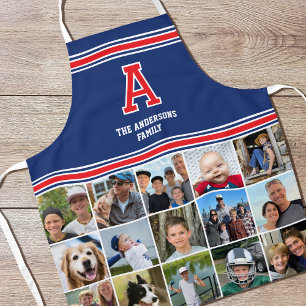 Photo Collage Family Monogram Red Navy Blue Apron