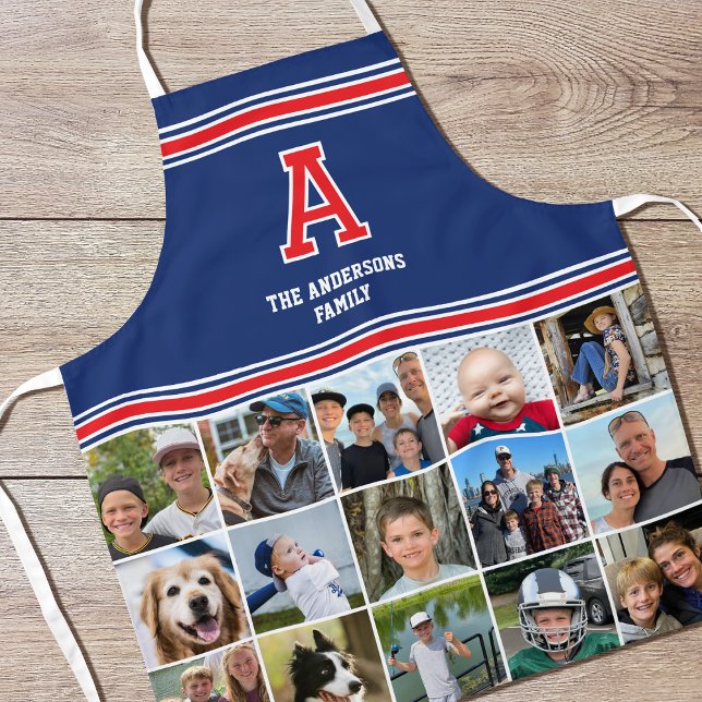 Photo Collage Family Monogram Red Navy Blue Apron (Creator Uploaded)