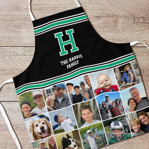 Photo Collage Family Monogrammed Green Black Apron