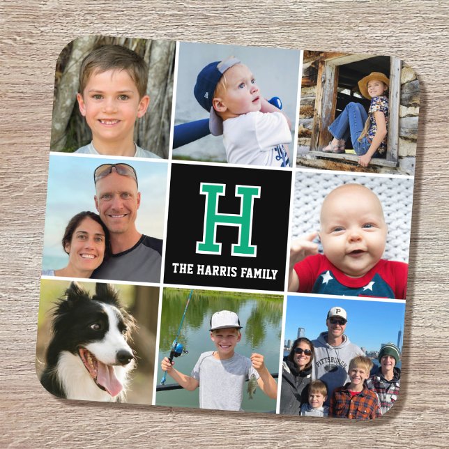 Photo Collage Family Monogrammed Green Black Coaster (Creator Uploaded)