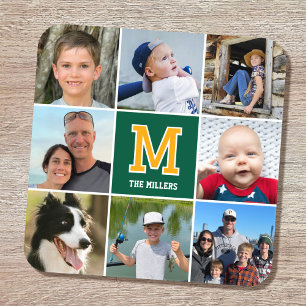 Photo Collage Family Monogrammed Green Gold Coaster