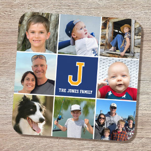 Photo Collage Family Monogrammed Navy Blue Gold Coaster